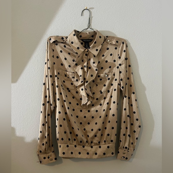 White House Black Market Tops - white house black market long sleeve tan & black polka dot ruffle blouse top 4